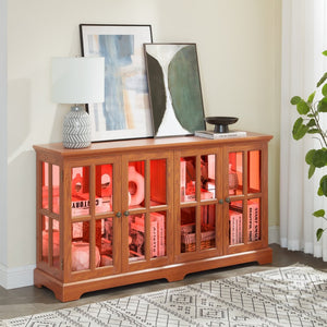 English Elm Led Curio Cabinet Antique White Four Door Glass Display with Adjustable Shelves Dark Oak W2275P460423