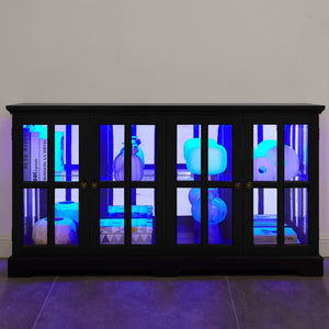 English Elm Led Curio Cabinet Antique White Four Door Glass Display with Adjustable Shelves Black W2275P460425