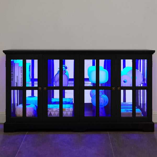 English Elm Led Curio Cabinet Antique White Four Door Glass Display with Adjustable Shelves Black W2275P460425