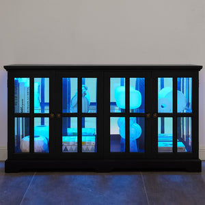 English Elm Led Curio Cabinet Antique White Four Door Glass Display with Adjustable Shelves Black W2275P460425