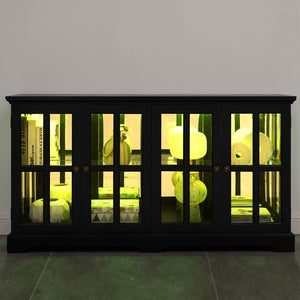 English Elm Led Curio Cabinet Antique White Four Door Glass Display with Adjustable Shelves Black W2275P460425