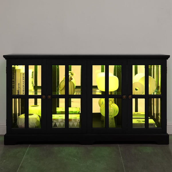 English Elm Led Curio Cabinet Antique White Four Door Glass Display with Adjustable Shelves Black W2275P460425