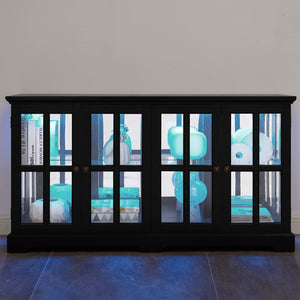 English Elm Led Curio Cabinet Antique White Four Door Glass Display with Adjustable Shelves Black W2275P460425