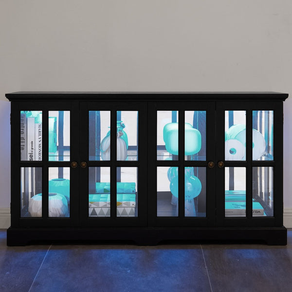 English Elm Led Curio Cabinet Antique White Four Door Glass Display with Adjustable Shelves Black W2275P460425