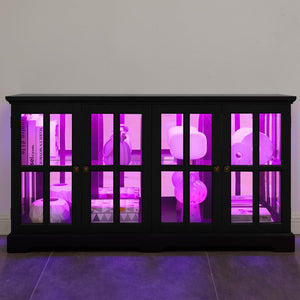 English Elm Led Curio Cabinet Antique White Four Door Glass Display with Adjustable Shelves Black W2275P460425