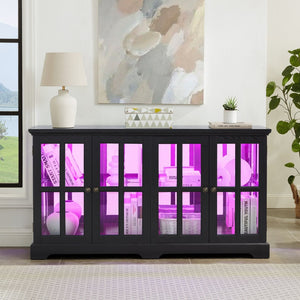 English Elm Led Curio Cabinet Antique White Four Door Glass Display with Adjustable Shelves Black W2275P460425
