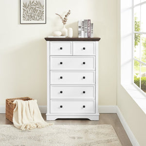 English Elm 6 Drawer Tall Chest Farmhouse Wood Grain Finish Bedroom Storage Dresser with Metal Handles White W2275P460427