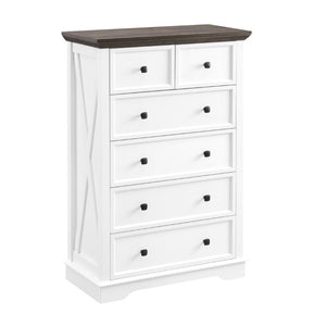 English Elm 6 Drawer Tall Chest Farmhouse Wood Grain Finish Bedroom Storage Dresser with Metal Handles White W2275P460427