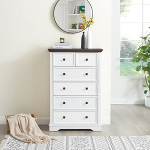 English Elm 6 Drawer Tall Chest Farmhouse Wood Grain Finish Bedroom Storage Dresser with Metal Handles White W2275P460427