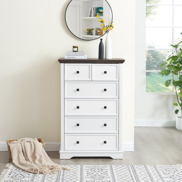 English Elm 6 Drawer Tall Chest Farmhouse Wood Grain Finish Bedroom Storage Dresser with Metal Handles White W2275P460427