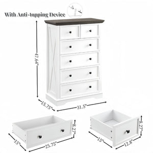 English Elm 6 Drawer Tall Chest Farmhouse Wood Grain Finish Bedroom Storage Dresser with Metal Handles White W2275P460427