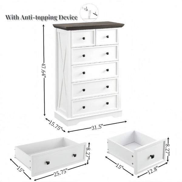 English Elm 6 Drawer Tall Chest Farmhouse Wood Grain Finish Bedroom Storage Dresser with Metal Handles White W2275P460427