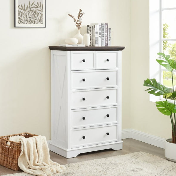 English Elm 6 Drawer Tall Chest Farmhouse Wood Grain Finish Bedroom Storage Dresser with Metal Handles White W2275P460427