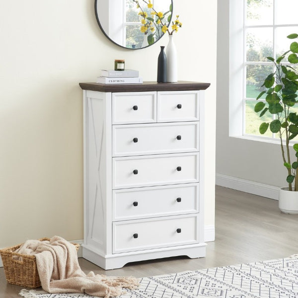 English Elm 6 Drawer Tall Chest Farmhouse Wood Grain Finish Bedroom Storage Dresser with Metal Handles White W2275P460427