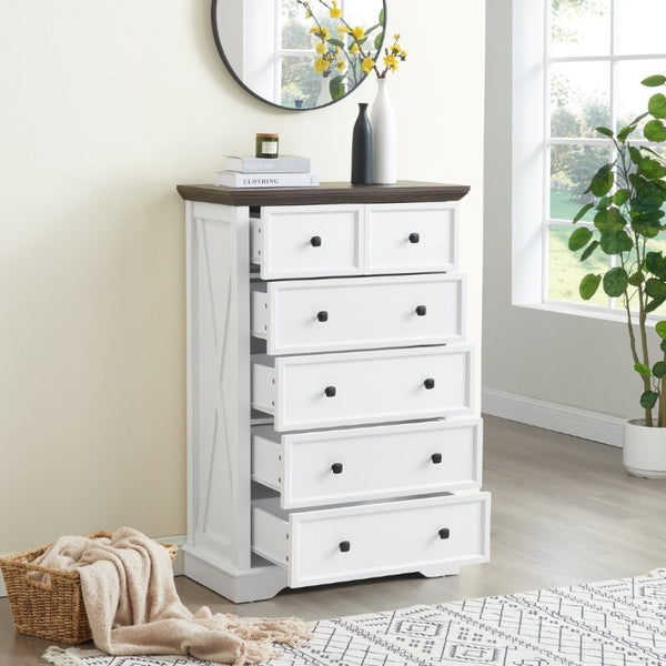 English Elm 6 Drawer Tall Chest Farmhouse Wood Grain Finish Bedroom Storage Dresser with Metal Handles White W2275P460427