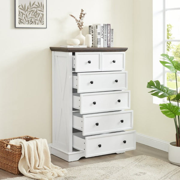 English Elm 6 Drawer Tall Chest Farmhouse Wood Grain Finish Bedroom Storage Dresser with Metal Handles White W2275P460427