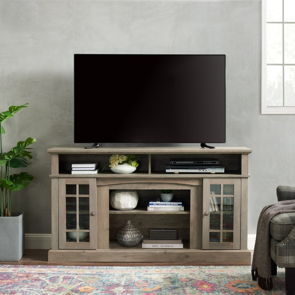 English Elm Classic Gray Wash Media Console with Glass Doors Open Shelf and Cable Management W2275P460429
