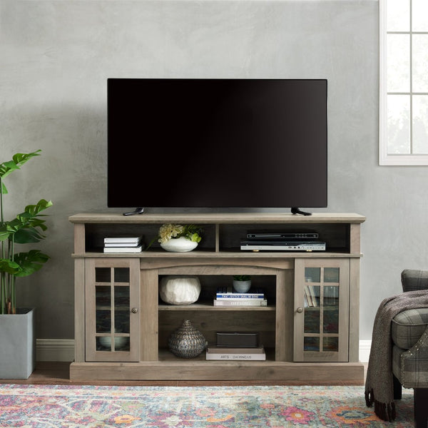English Elm Classic Gray Wash Media Console with Glass Doors Open Shelf and Cable Management W2275P460429