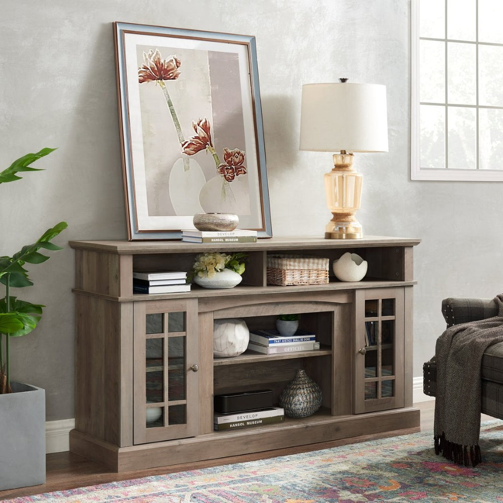English Elm Classic Gray Wash Media Console with Glass Doors Open Shelf and Cable Management W2275P460429