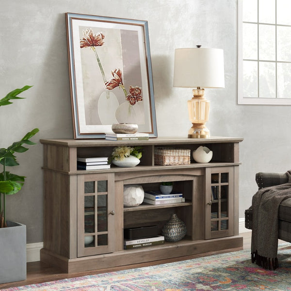 English Elm Classic Gray Wash Media Console with Glass Doors Open Shelf and Cable Management W2275P460429