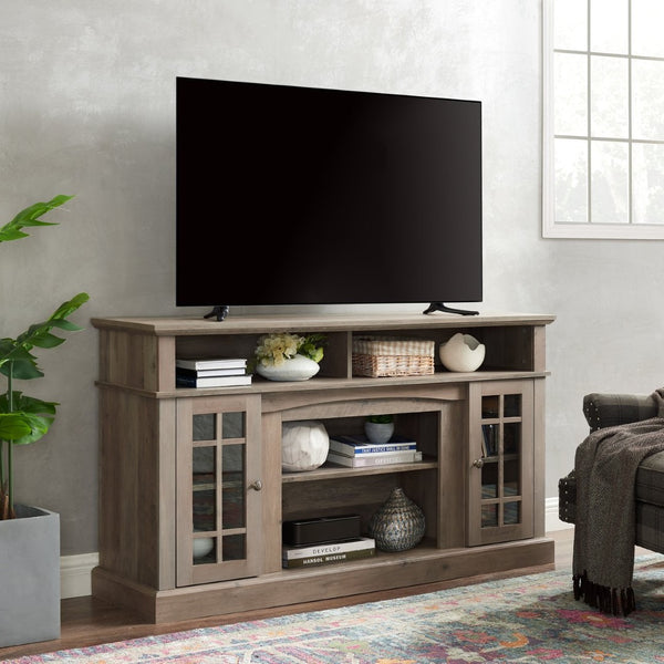 English Elm Classic Gray Wash Media Console with Glass Doors Open Shelf and Cable Management W2275P460429