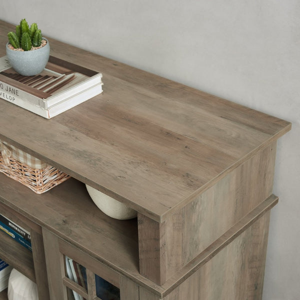 English Elm Classic Gray Wash Media Console with Glass Doors Open Shelf and Cable Management W2275P460429