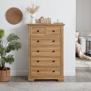 English Elm 6 Drawer Tall Chest Farmhouse Wood Grain Finish Bedroom Storage Dresser with Metal Handles Oak W2275P460493