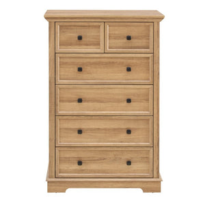 English Elm 6 Drawer Tall Chest Farmhouse Wood Grain Finish Bedroom Storage Dresser with Metal Handles Oak W2275P460493