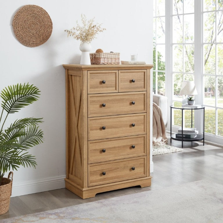 English Elm 6 Drawer Tall Chest Farmhouse Wood Grain Finish Bedroom Storage Dresser with Metal Handles Oak W2275P460493