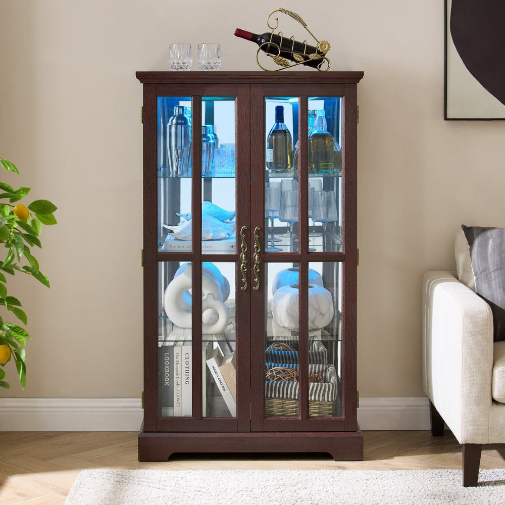 English Elm Dark Cherry Lattice Glass Display Cabinet with LED Lighting and Mirrored Back Panel W2275P513668