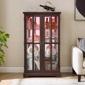 English Elm Dark Cherry Lattice Glass Display Cabinet with LED Lighting and Mirrored Back Panel W2275P513668