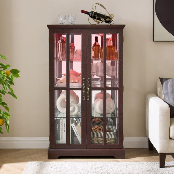 English Elm Dark Cherry Lattice Glass Display Cabinet with LED Lighting and Mirrored Back Panel W2275P513668