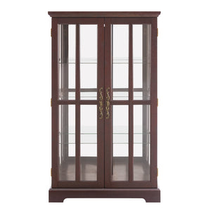 English Elm Dark Cherry Lattice Glass Display Cabinet with LED Lighting and Mirrored Back Panel W2275P513668