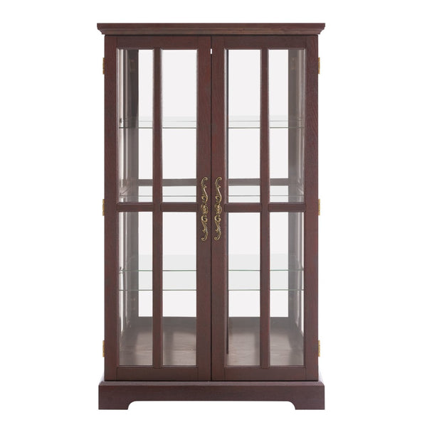 English Elm Dark Cherry Lattice Glass Display Cabinet with LED Lighting and Mirrored Back Panel W2275P513668