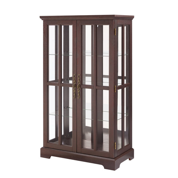 English Elm Dark Cherry Lattice Glass Display Cabinet with LED Lighting and Mirrored Back Panel W2275P513668
