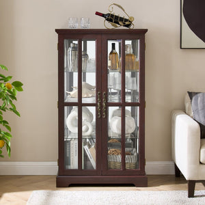 English Elm Dark Cherry Lattice Glass Display Cabinet with LED Lighting and Mirrored Back Panel W2275P513668