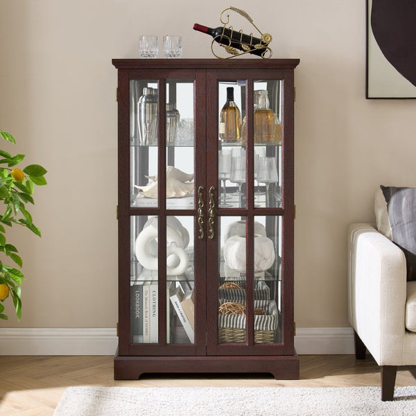 English Elm Dark Cherry Lattice Glass Display Cabinet with LED Lighting and Mirrored Back Panel W2275P513668