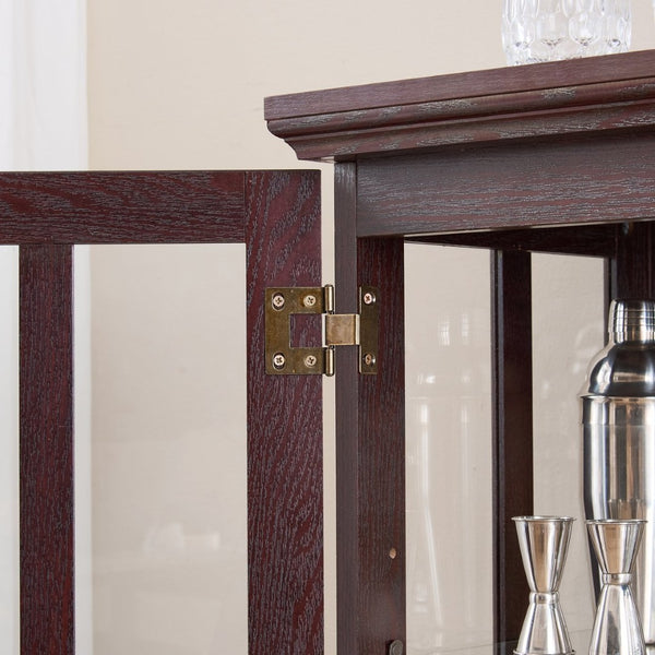 English Elm Dark Cherry Lattice Glass Display Cabinet with LED Lighting and Mirrored Back Panel W2275P513668