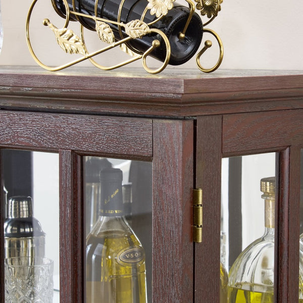 English Elm Dark Cherry Lattice Glass Display Cabinet with LED Lighting and Mirrored Back Panel W2275P513668