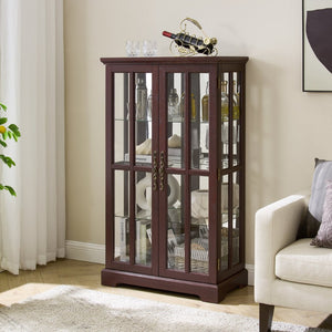 English Elm Dark Cherry Lattice Glass Display Cabinet with LED Lighting and Mirrored Back Panel W2275P513668
