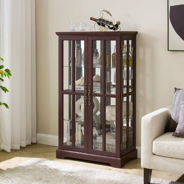 English Elm Dark Cherry Lattice Glass Display Cabinet with LED Lighting and Mirrored Back Panel W2275P513668