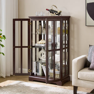English Elm Dark Cherry Lattice Glass Display Cabinet with LED Lighting and Mirrored Back Panel W2275P513668