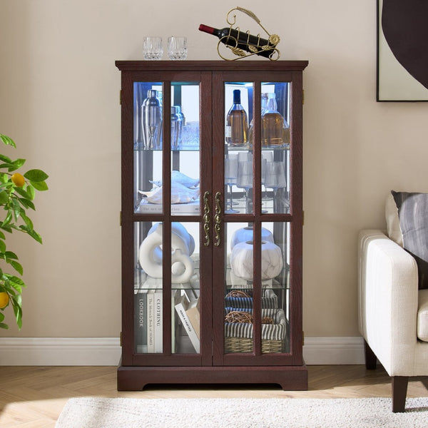 English Elm Dark Cherry Lattice Glass Display Cabinet with LED Lighting and Mirrored Back Panel W2275P513668