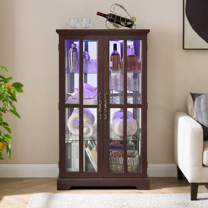 English Elm Dark Cherry Lattice Glass Display Cabinet with LED Lighting and Mirrored Back Panel W2275P513668