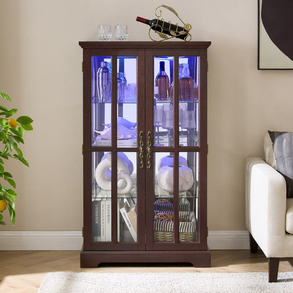 English Elm Dark Cherry Lattice Glass Display Cabinet with LED Lighting and Mirrored Back Panel W2275P513668