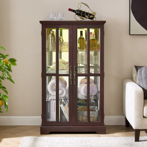 English Elm Dark Cherry Lattice Glass Display Cabinet with LED Lighting and Mirrored Back Panel W2275P513668