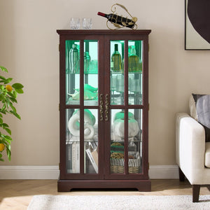 English Elm Dark Cherry Lattice Glass Display Cabinet with LED Lighting and Mirrored Back Panel W2275P513668