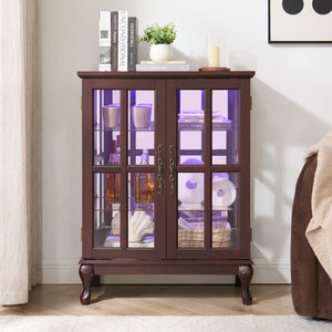 English Elm Dark Cherry Buffet Cabinet Queen Anne Legs LED Interior Grid Glass Doors Dining W2275P513670
