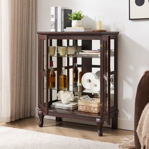 English Elm Dark Cherry Buffet Cabinet Queen Anne Legs LED Interior Grid Glass Doors Dining W2275P513670