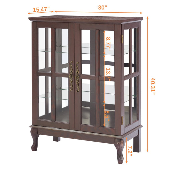 English Elm Dark Cherry Buffet Cabinet Queen Anne Legs LED Interior Grid Glass Doors Dining W2275P513670